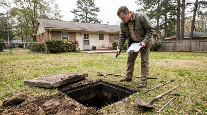 Inspector with a clipboard shining a flashlight into an open concrete septic tank