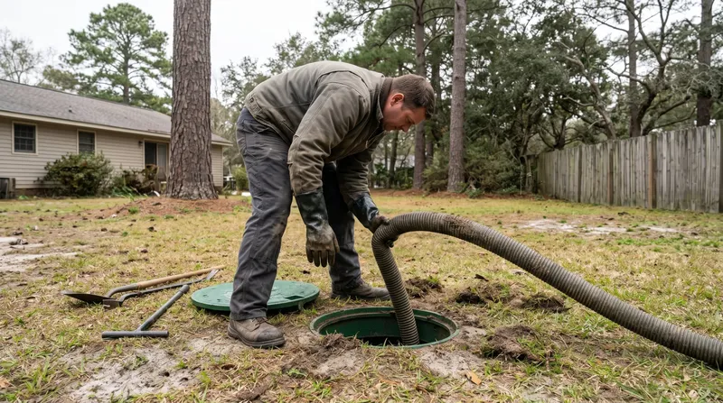 Septic technician feeding a vacuum hose into an open green tank lid in a backyard